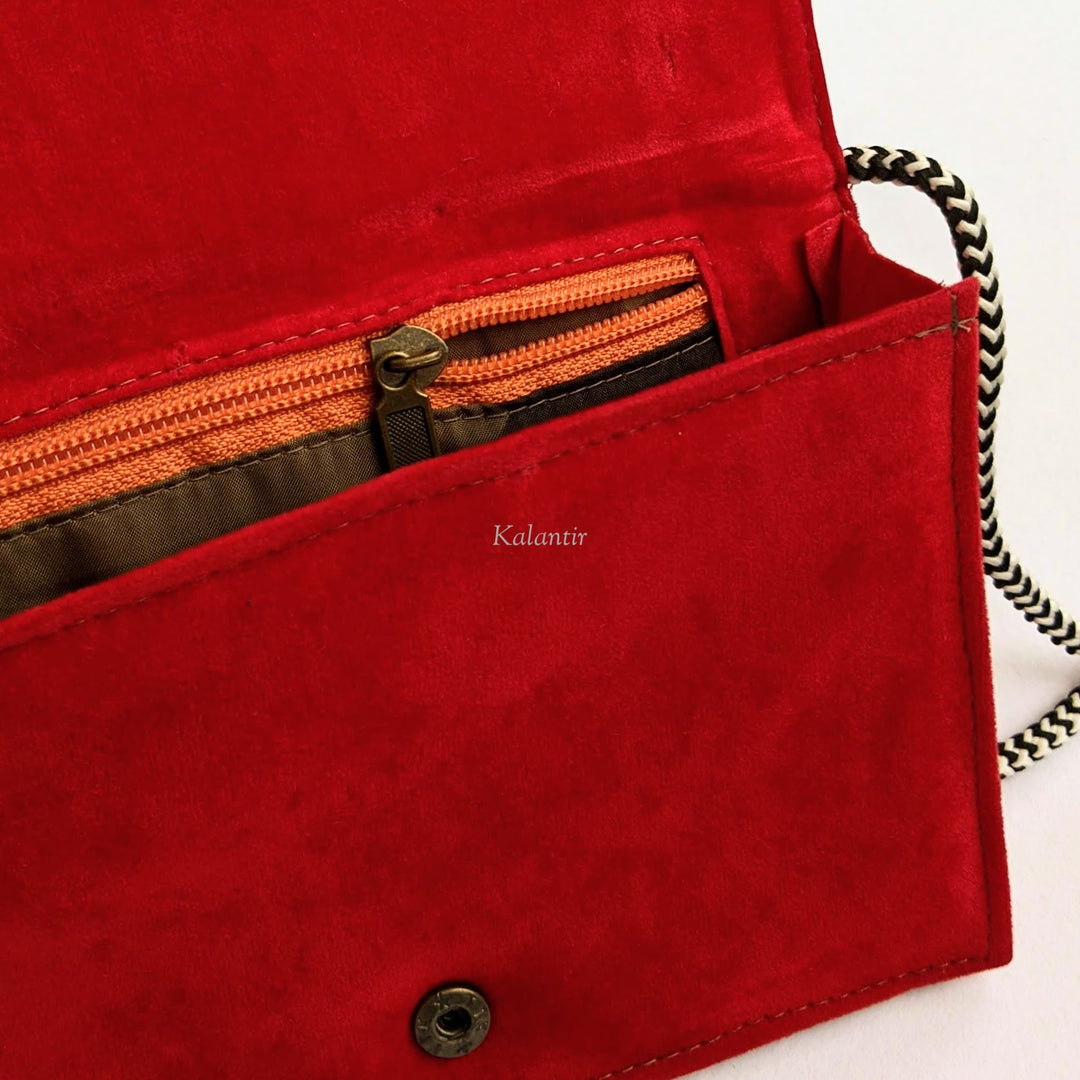 Kashmiri Aari Embroidered Velvet Bright Red Sling Bag for Girls