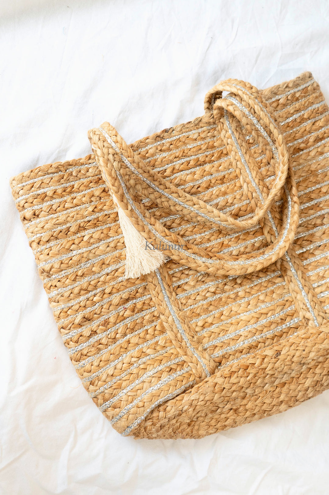 Handcrafted Silver Jute Tote Bag