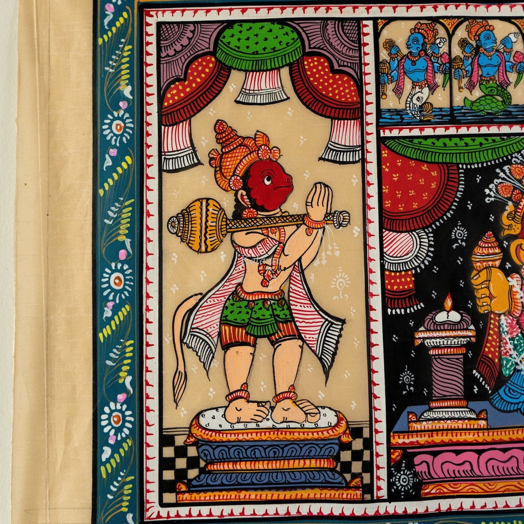 Lord Jagannath with Dashavataras | Hand-painted Pattachitra | Greyish Blue Border