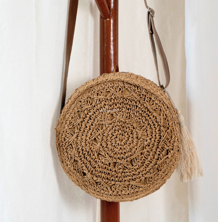 Trendy Handwoven Raffia Palm Round Sling Bag