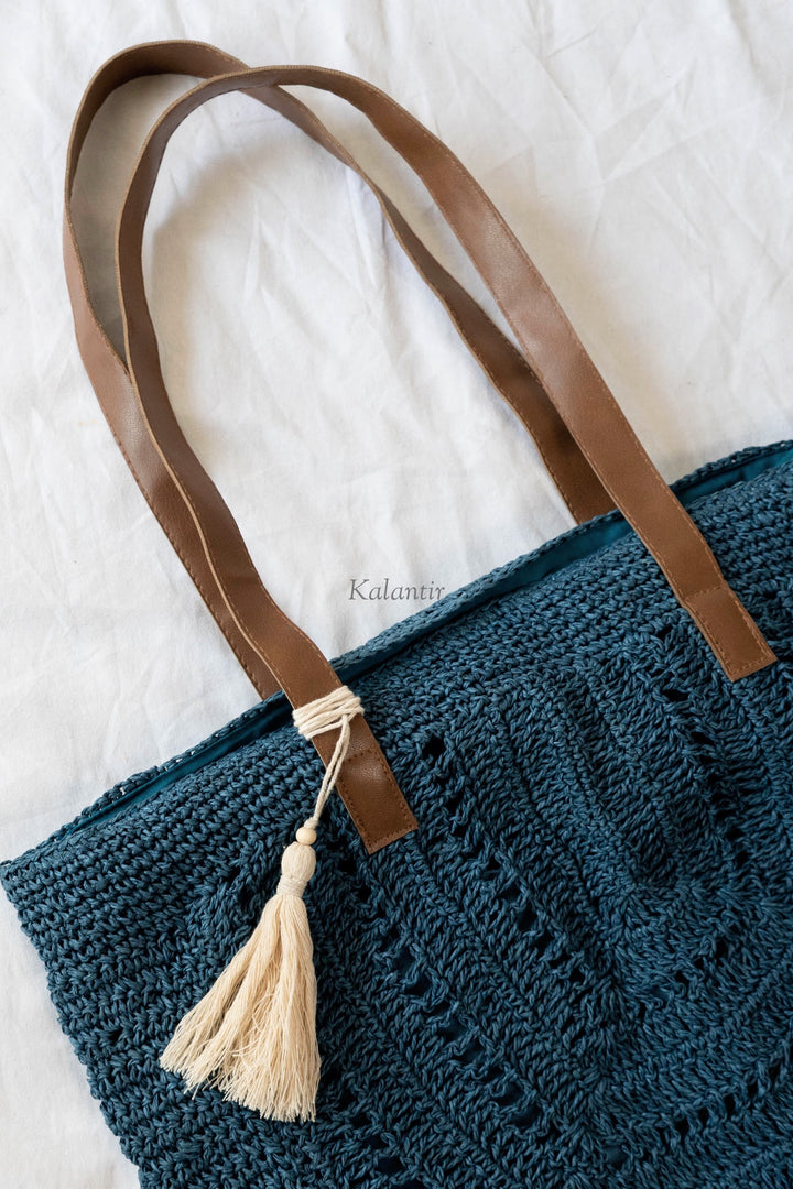 Classic Blue Handwoven Raffia Palm Shoulder Bag
