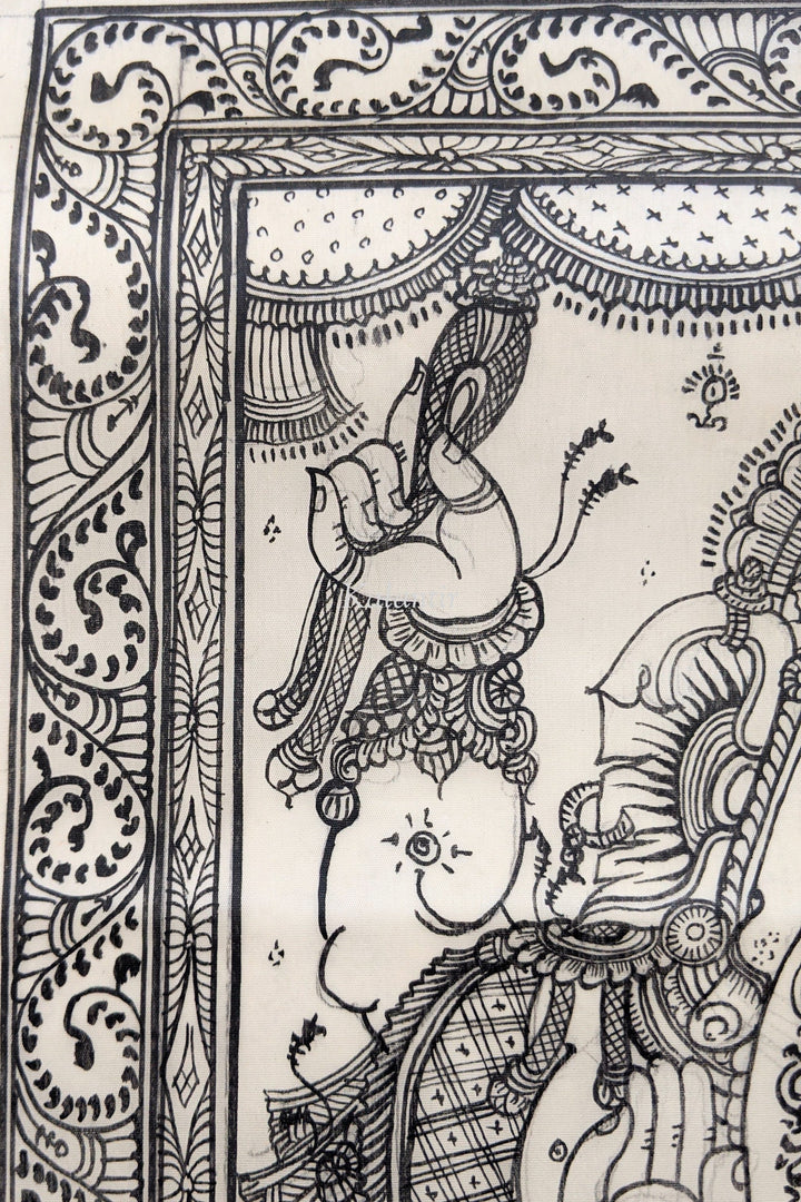 B&W Ganesha Pattachitra Silk Painting