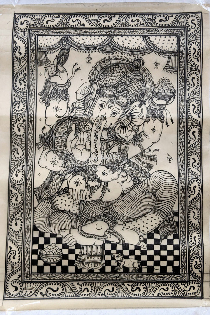 B&W Ganesha Pattachitra Silk Painting