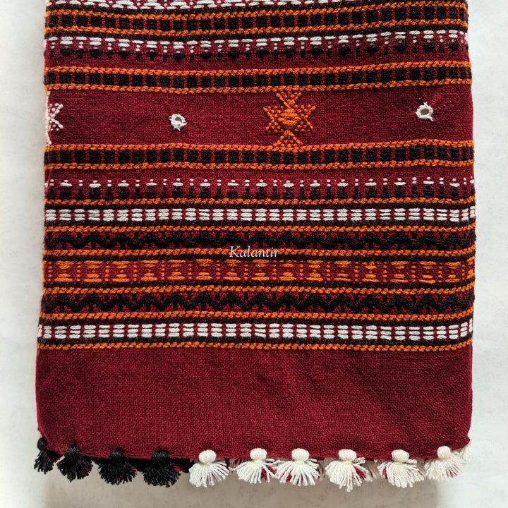 Deep Red Colored Handmade Woollen Kutchi Shawl with Beautiful Embroidery