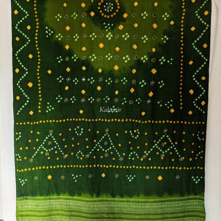 Green Colored Bandhani Woollen Kutchi Shawl with Beautiful Mirror work