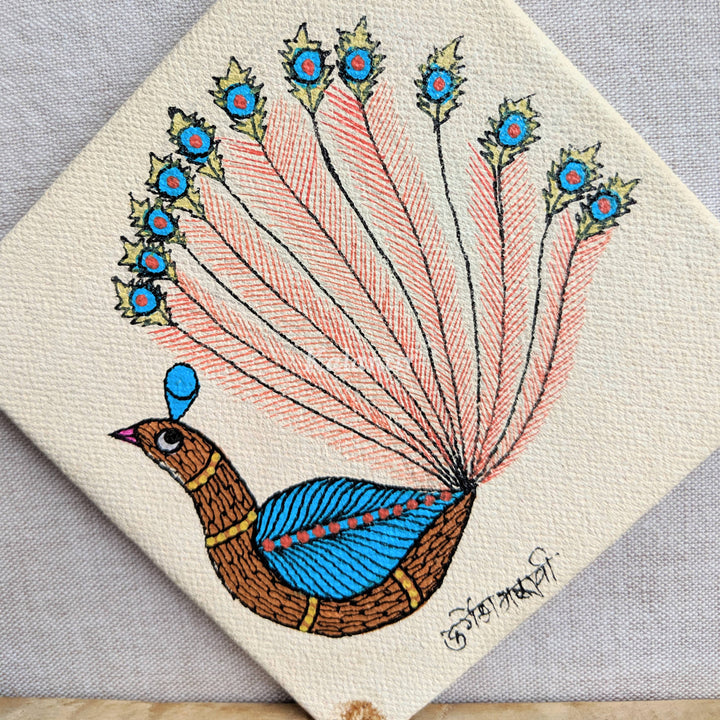 Closer view of the Gond Art Peacock Keyholder
