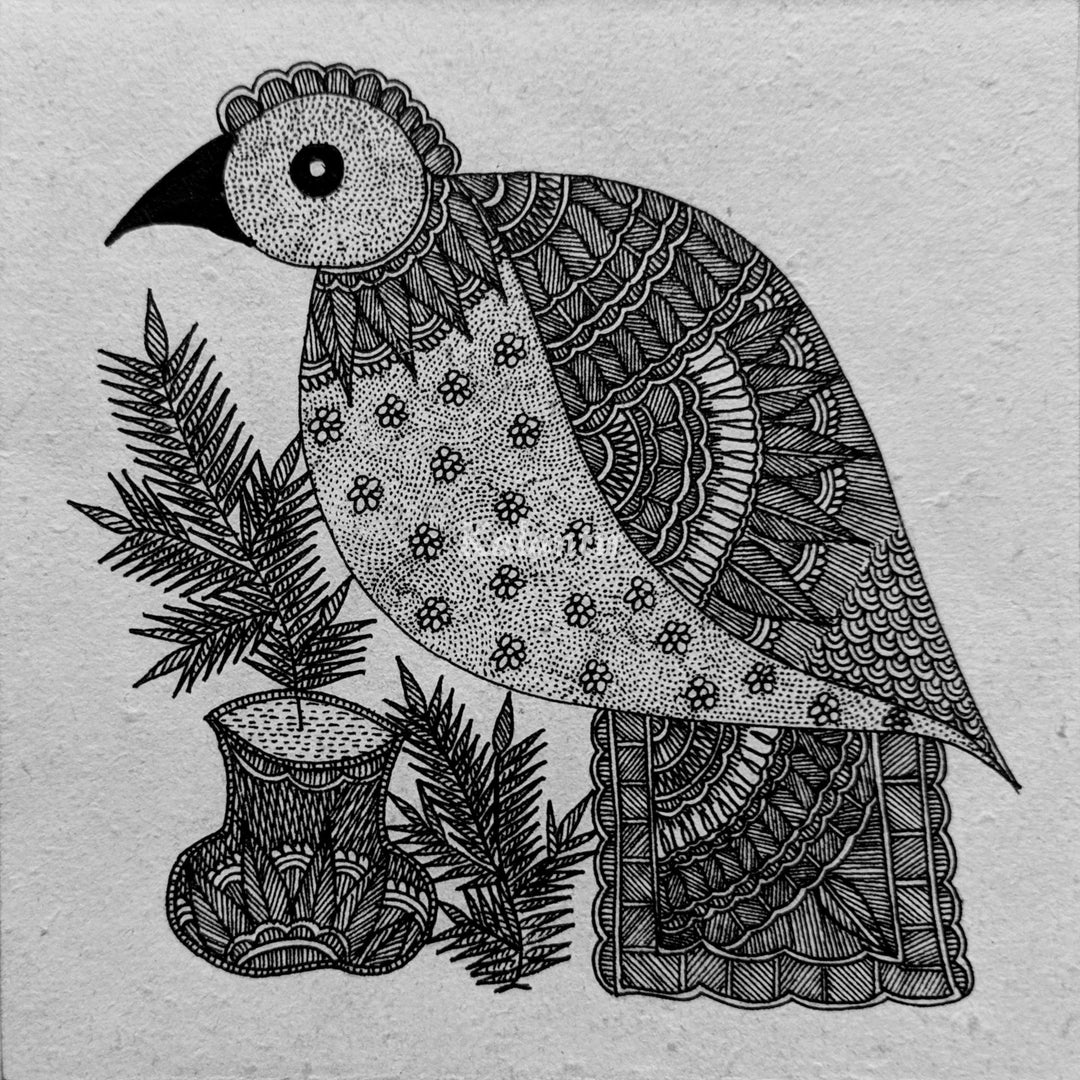 Black and White, Authentic, and Very Detailed Madhubani Painting of a bird sitting near plants.