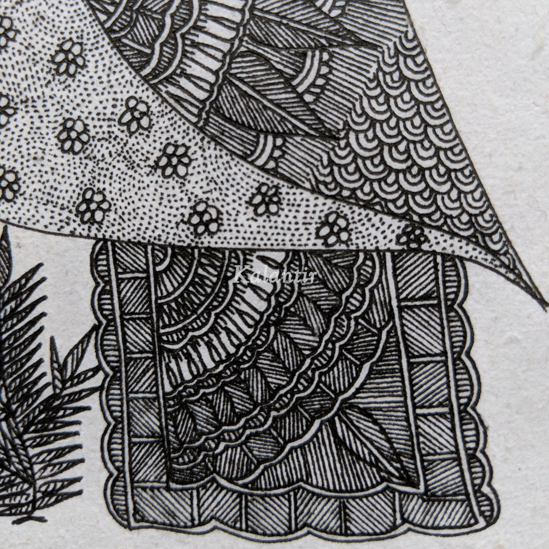 Closer view of Bird's tail showing detailed and beautiful Madhubani motifs.