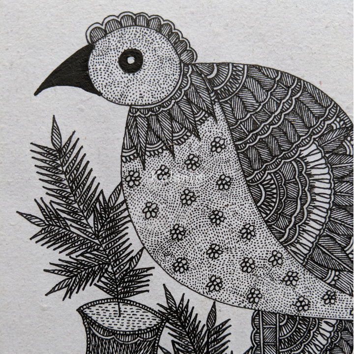 Closer view of Bird's head, Feathers, chest, and the nearby plant - all in traditional Madhubani motifs.