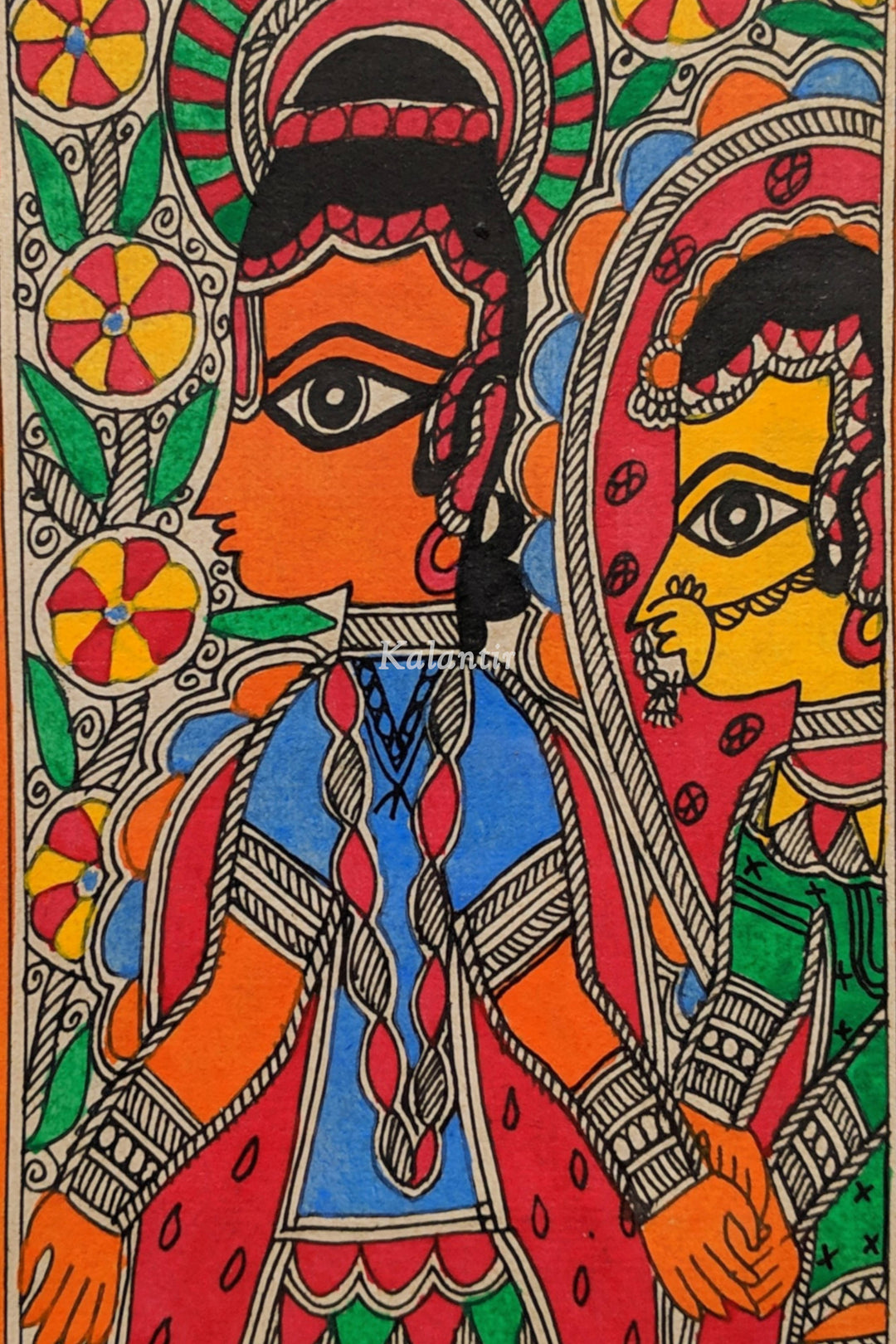 Closer view of the Bride and Groom in this beautiful Madhubani Painting - Lord Rama and Sita #size_16-in-x-7-in