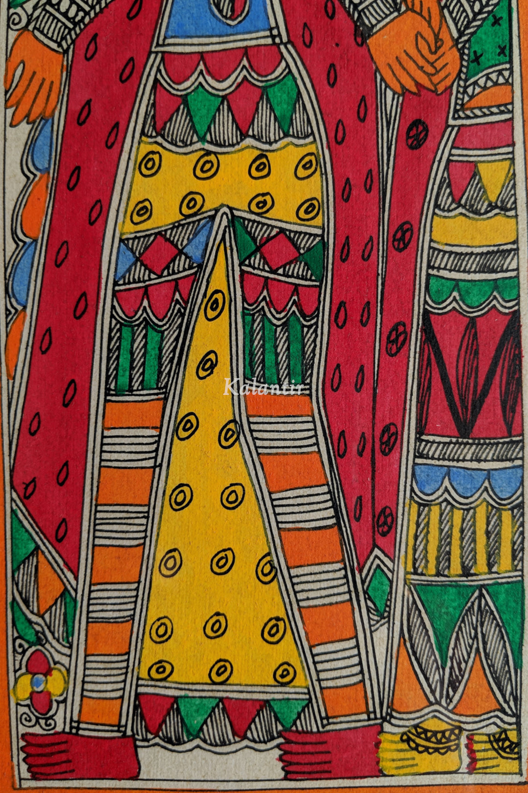 Closer view of the bottom half showing the attire of the Bride and Groom in this Madhubani Painting #size_16-in-x-7-in