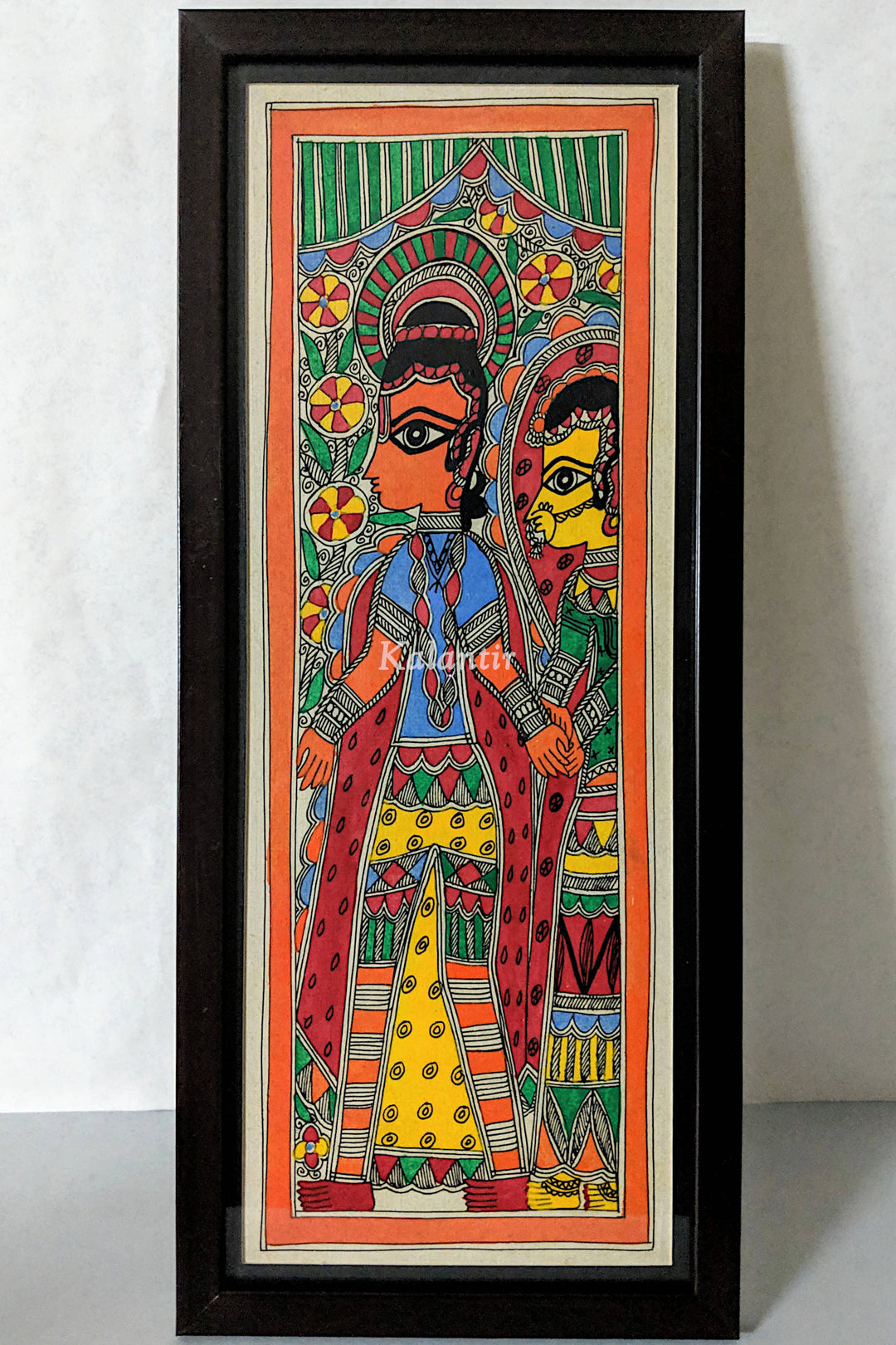 Full-length view of the Bright and Colorful Madhubani Painting of a Bride and Groom - Lord Rama and Sita #size_16-in-x-7-in