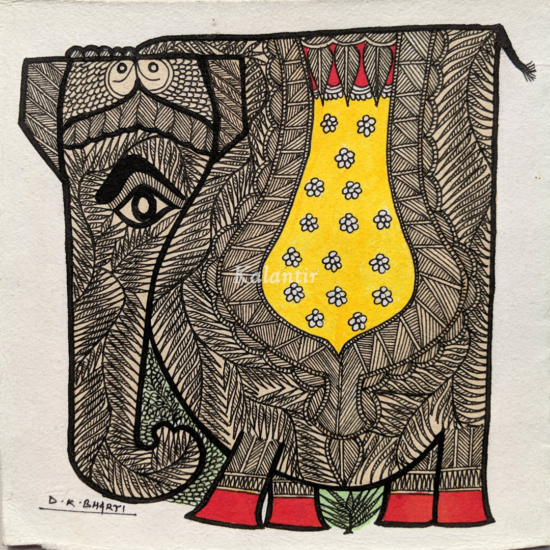 Extremely detailed Black and White Madhubani Painting of Elephant, with shades of yellow and red colour.