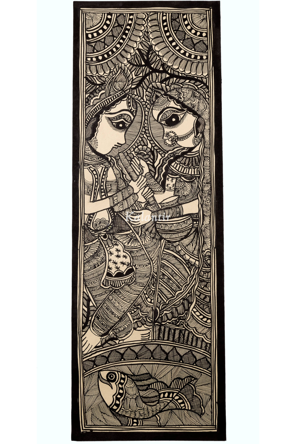 Full-length view of black and white Madhubani painting of Radha and Krishna.