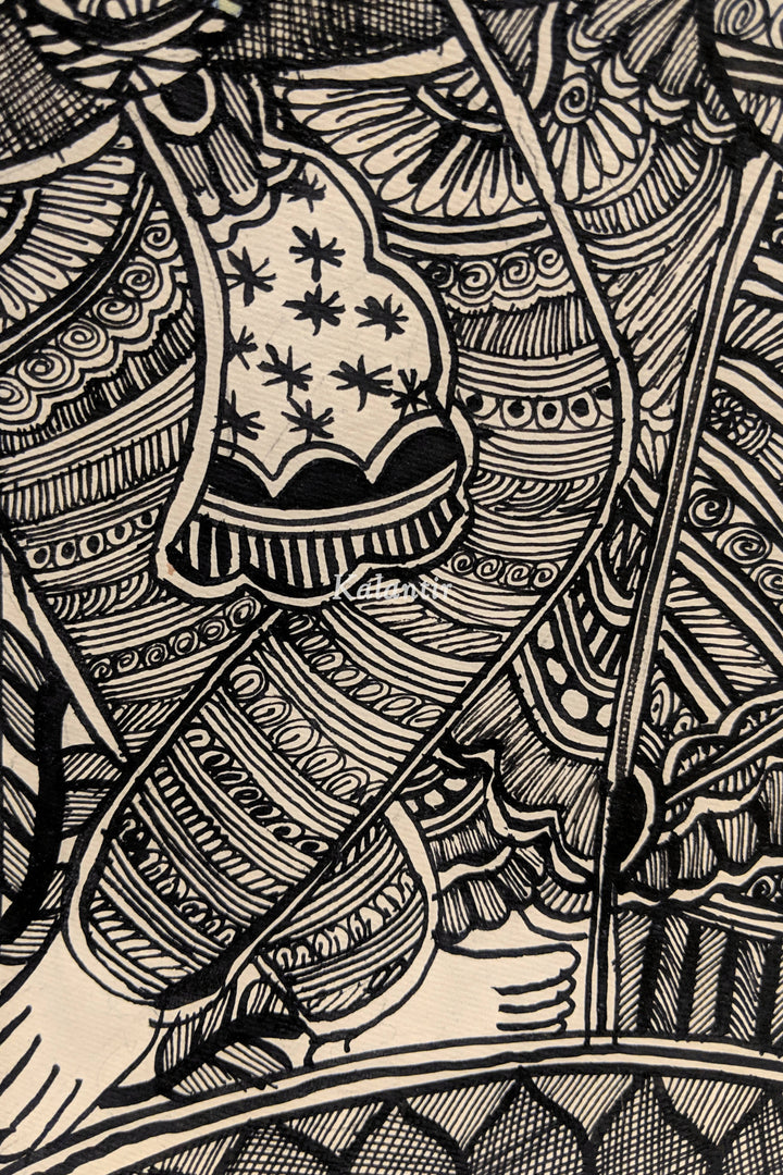 Closer view of Traditional and Authentic black Madhubani motifs on white canvas paper.