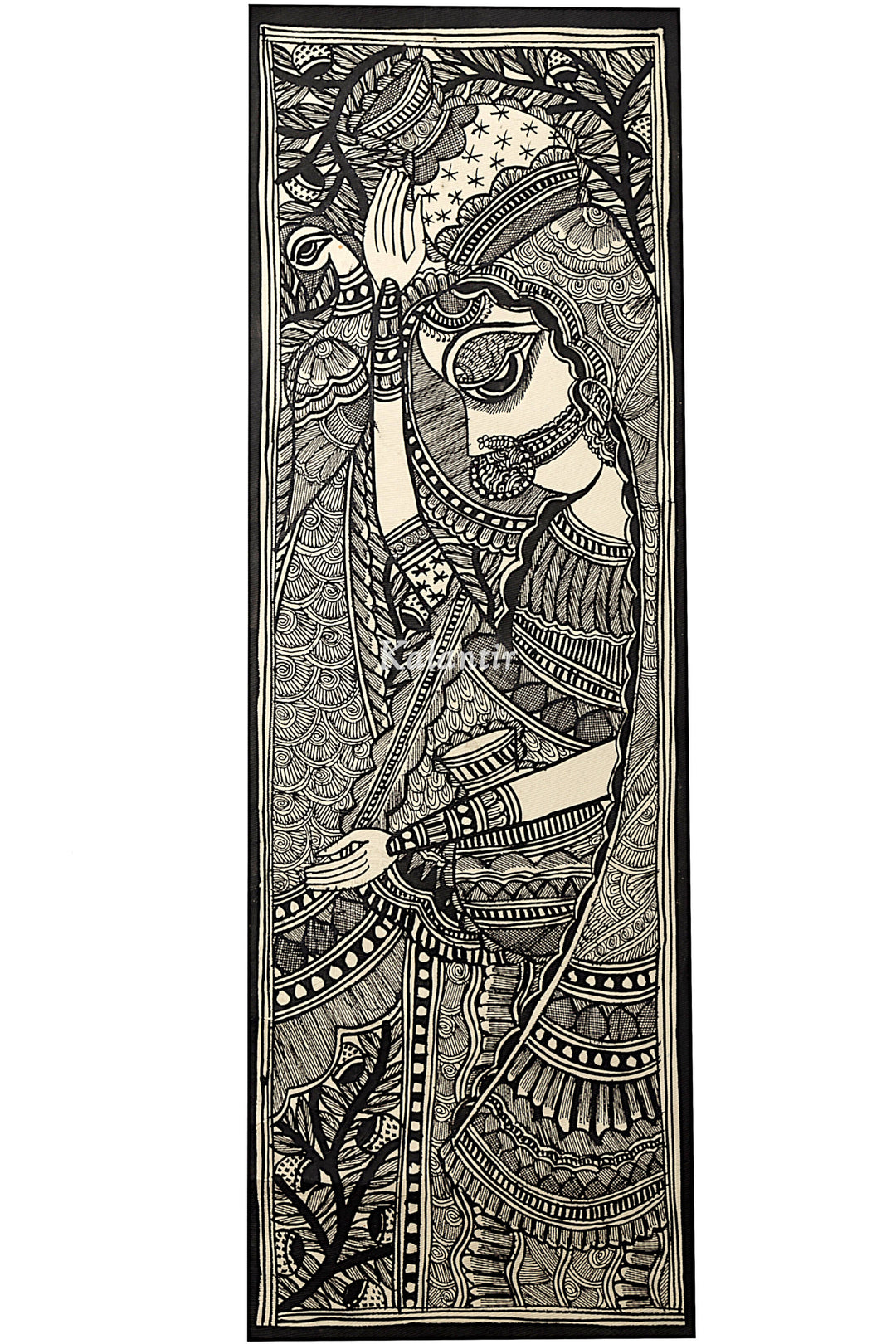 Full-length view of the portrait of a village woman in this Madhubani Painting