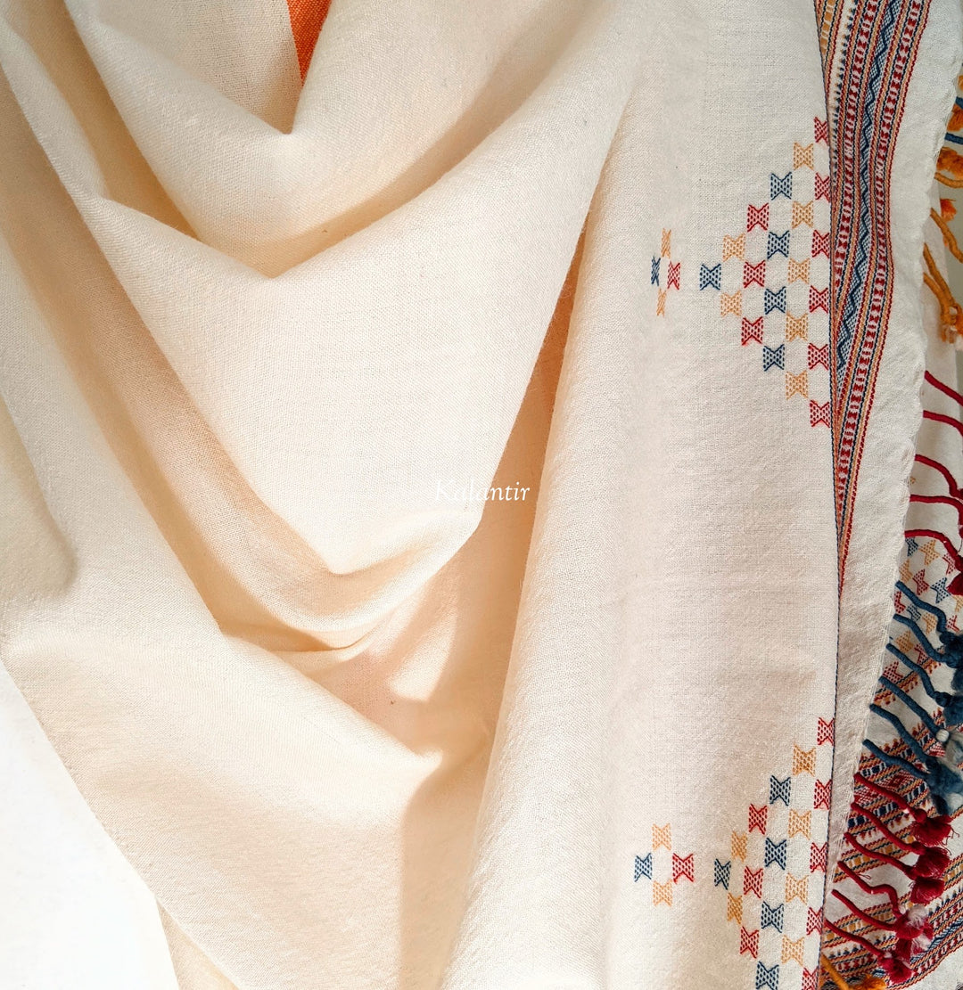 Elegant Off-White Merino Wool Handmade Kutchi Shawl with Beautiful Multicoloured Tassels