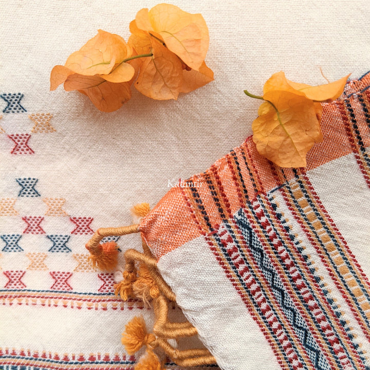 Elegant Off-White Merino Wool Handmade Kutchi Shawl with Beautiful Multicoloured Tassels