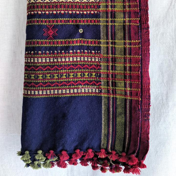 Midnight Blue Colored Handmade Woollen Kutchi Shawl with Beautiful Embroidery