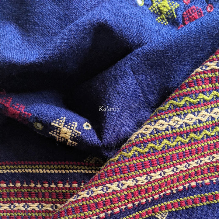 Midnight Blue Colored Handmade Woollen Kutchi Shawl with Beautiful Embroidery