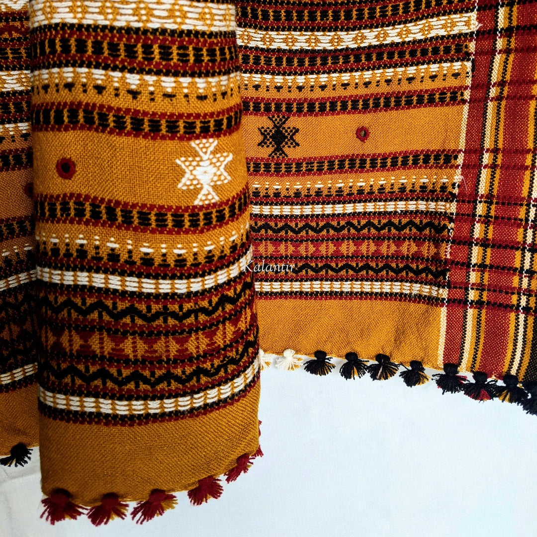 Mustard Yellow Colored Handmade Woollen Kutchi Shawl with Beautiful Embroidery