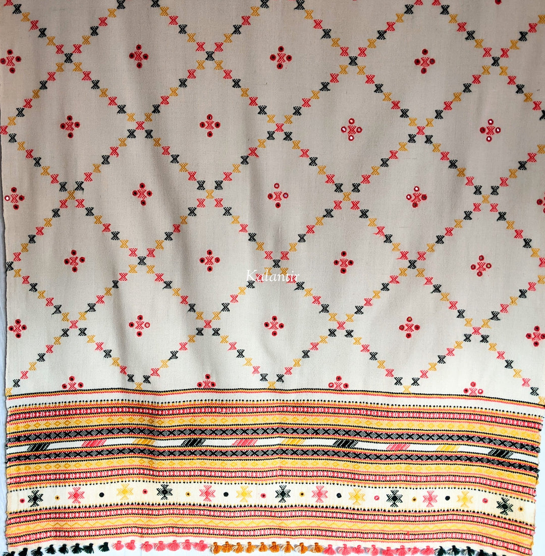 Mesmerizing Off-White Handmade Woollen Kutchi Shawl with Beautiful Multicoloured Embroidery