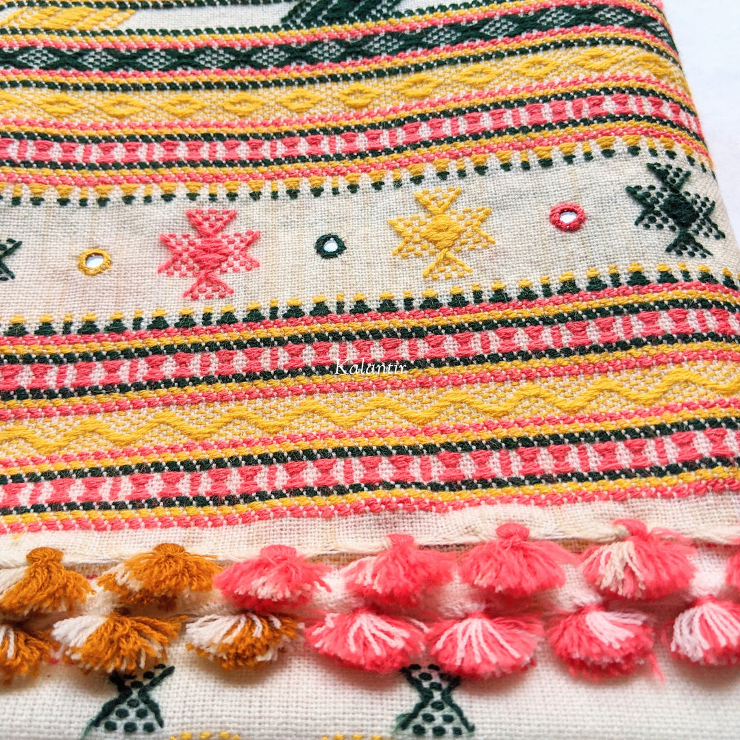 Mesmerizing Off-White Handmade Woollen Kutchi Shawl with Beautiful Multicoloured Embroidery