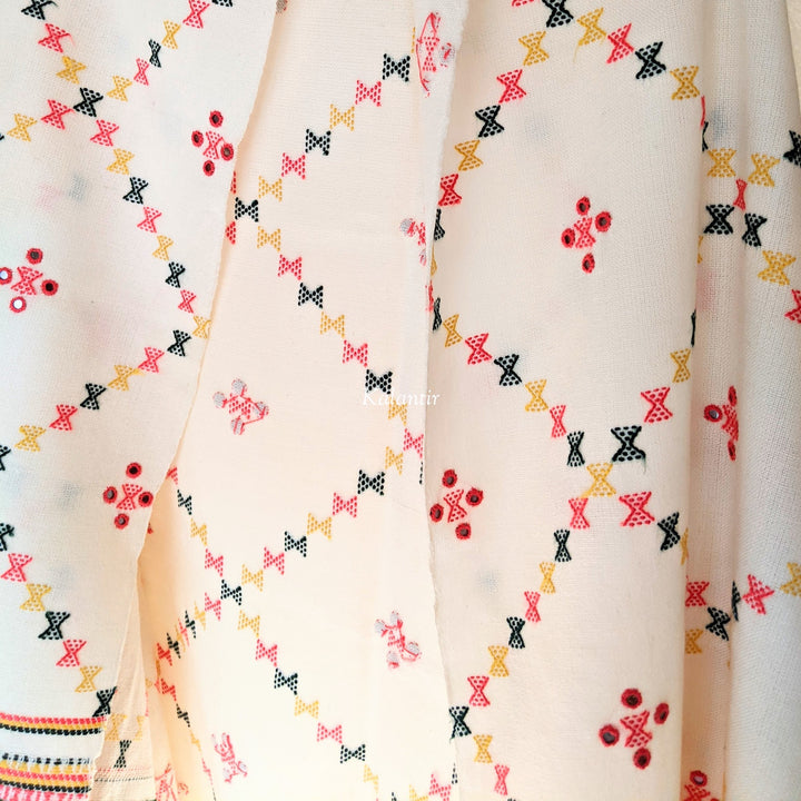 Mesmerizing Off-White Handmade Woollen Kutchi Shawl with Beautiful Multicoloured Embroidery