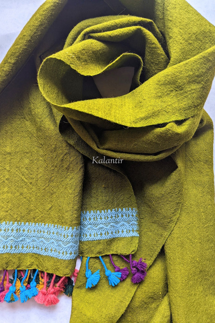 Estola Kutchi Auténtica de Pura Lana Verde Oliva con Borlas Multicolores