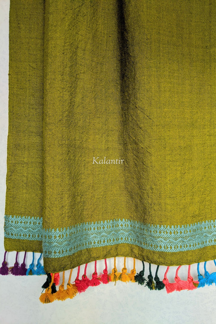 Olive Green Pure Wool Authentic Kutchi Stole with Multicolored Tassels