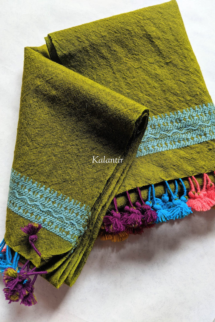 Olive Green Pure Wool Authentic Kutchi Stole with Multicolored Tassels