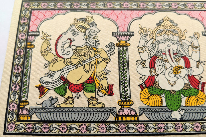 From left to right: Closer view of Lord Ganesha playing Sitar & in Abhay mudra in this beautiful Pattachitra painting 