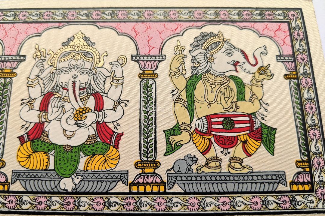 From left to right: Closer view of Lord Ganesha in Abhay mudra & playing Mridanga in this beautiful Pattachitra painting