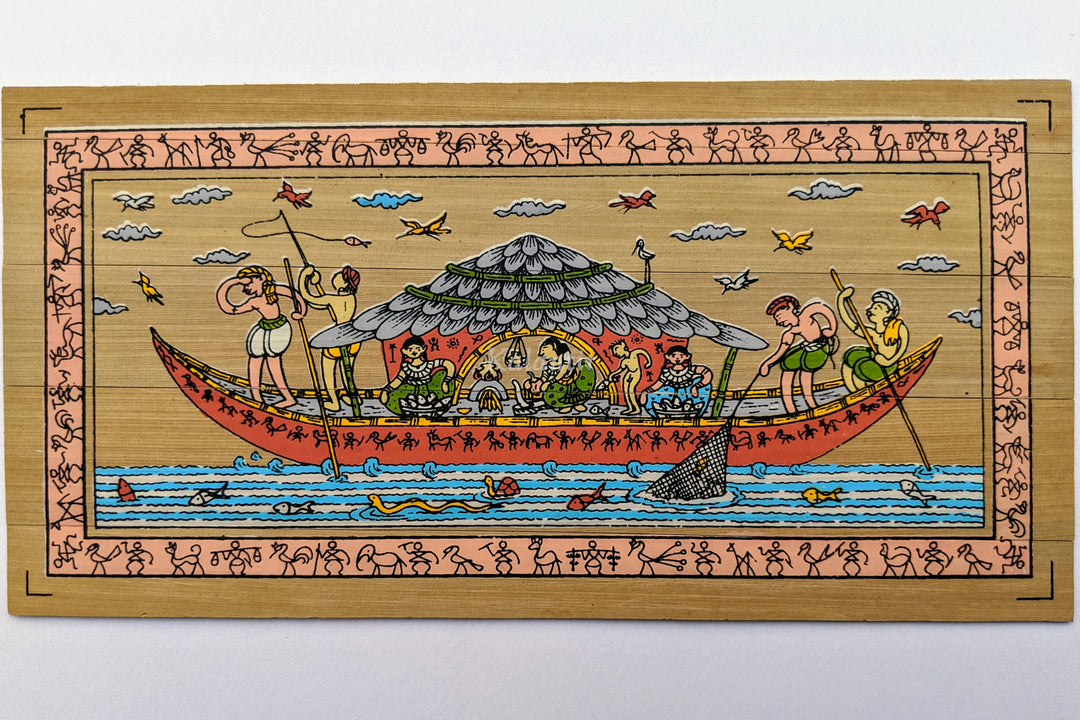 Full view of Fishing Pattachitra Painting on Palm Leaf from Odisha