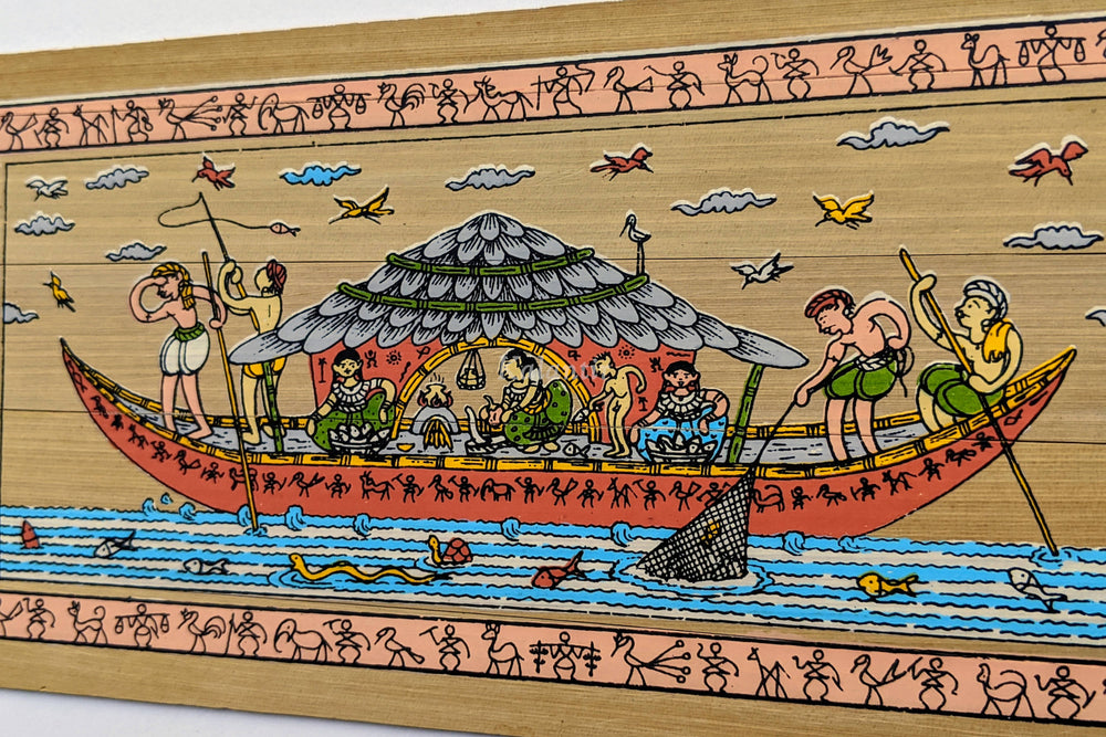 Closer view of Fishing Pattachitra Painting on Palm Leaf from Odisha