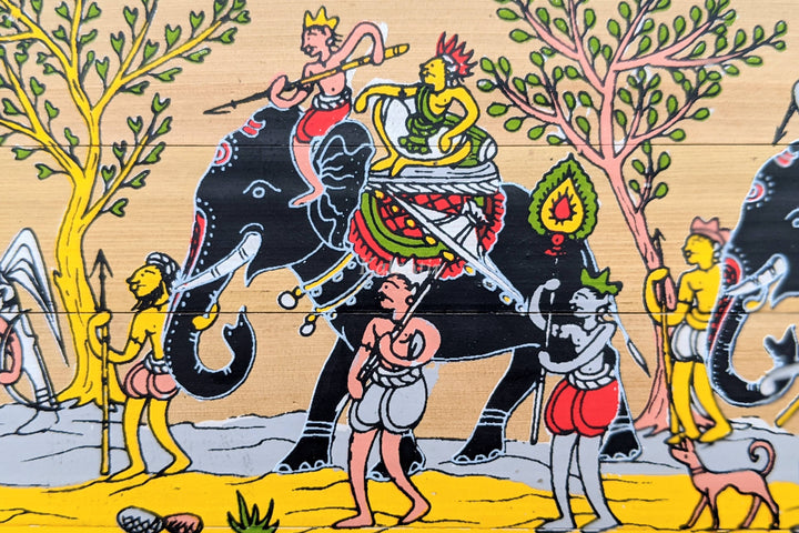 Closer view of people accompanying the King or noblemen with elephants and dogs in this Pattcahitra Painitng