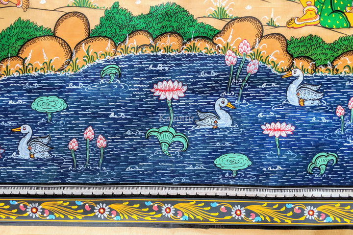 Beautifully painted pond in this Ras leela Pattachitra Painting