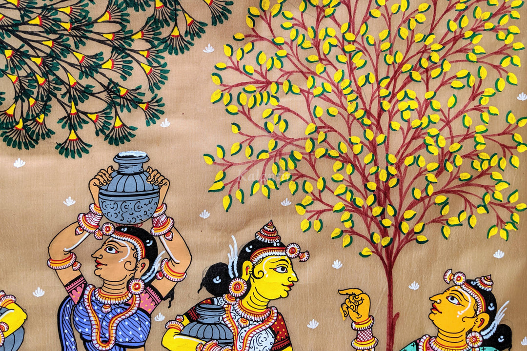 Trees laden with flowers all around in the Ras leela Pattachitra Painting 
