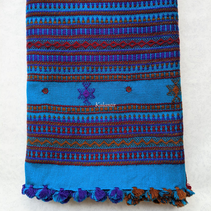 Bright Peacock Blue Colored Handmade Woollen Kutchi Shawl with Beautiful Embroidery
