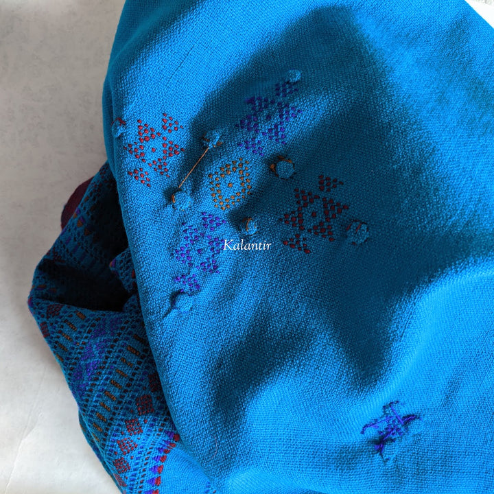 Bright Peacock Blue Colored Handmade Woollen Kutchi Shawl with Beautiful Embroidery