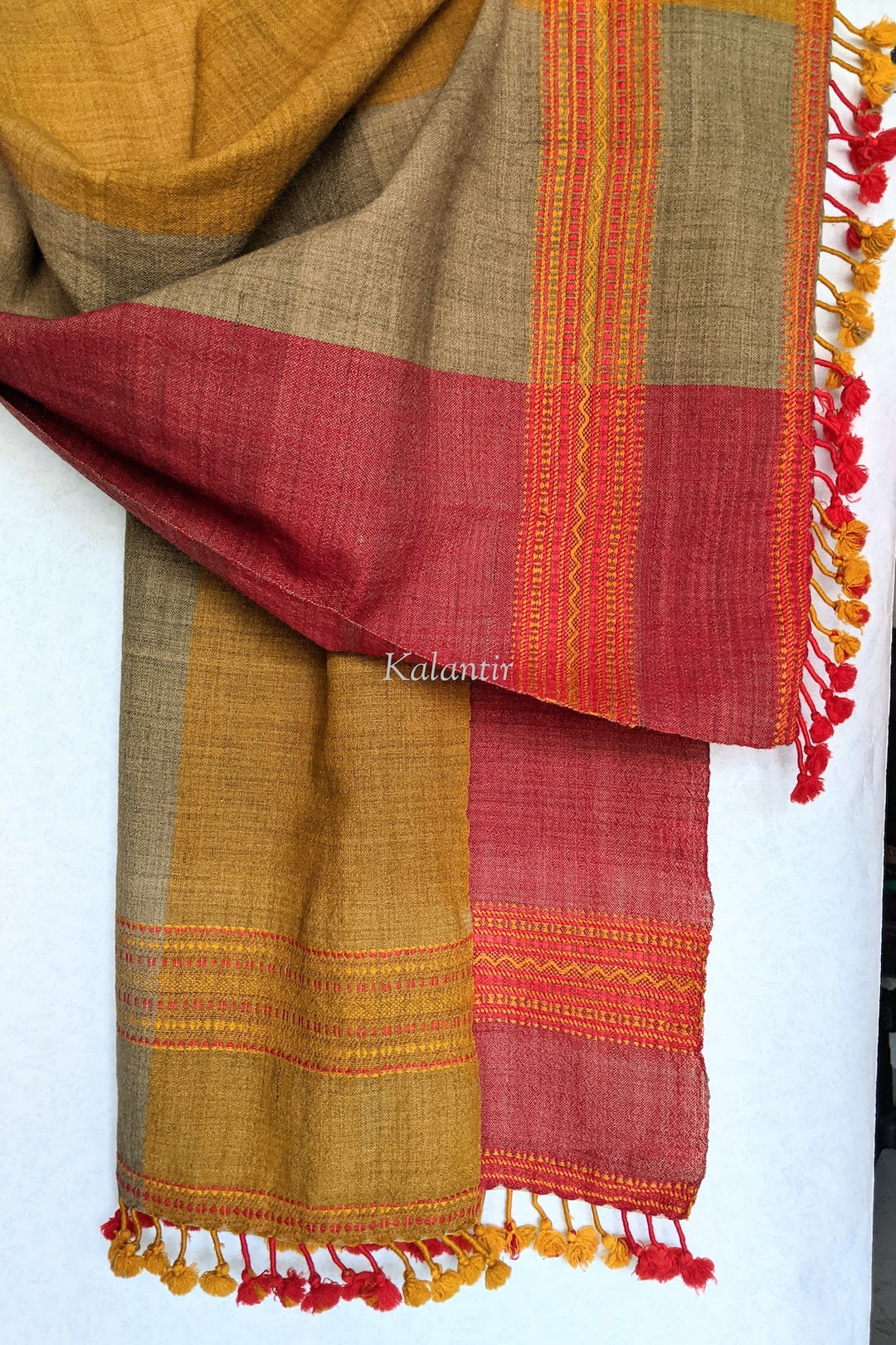 Multicoloured Pure Wool Authentic Kutchi Stole With Lovely Tassels