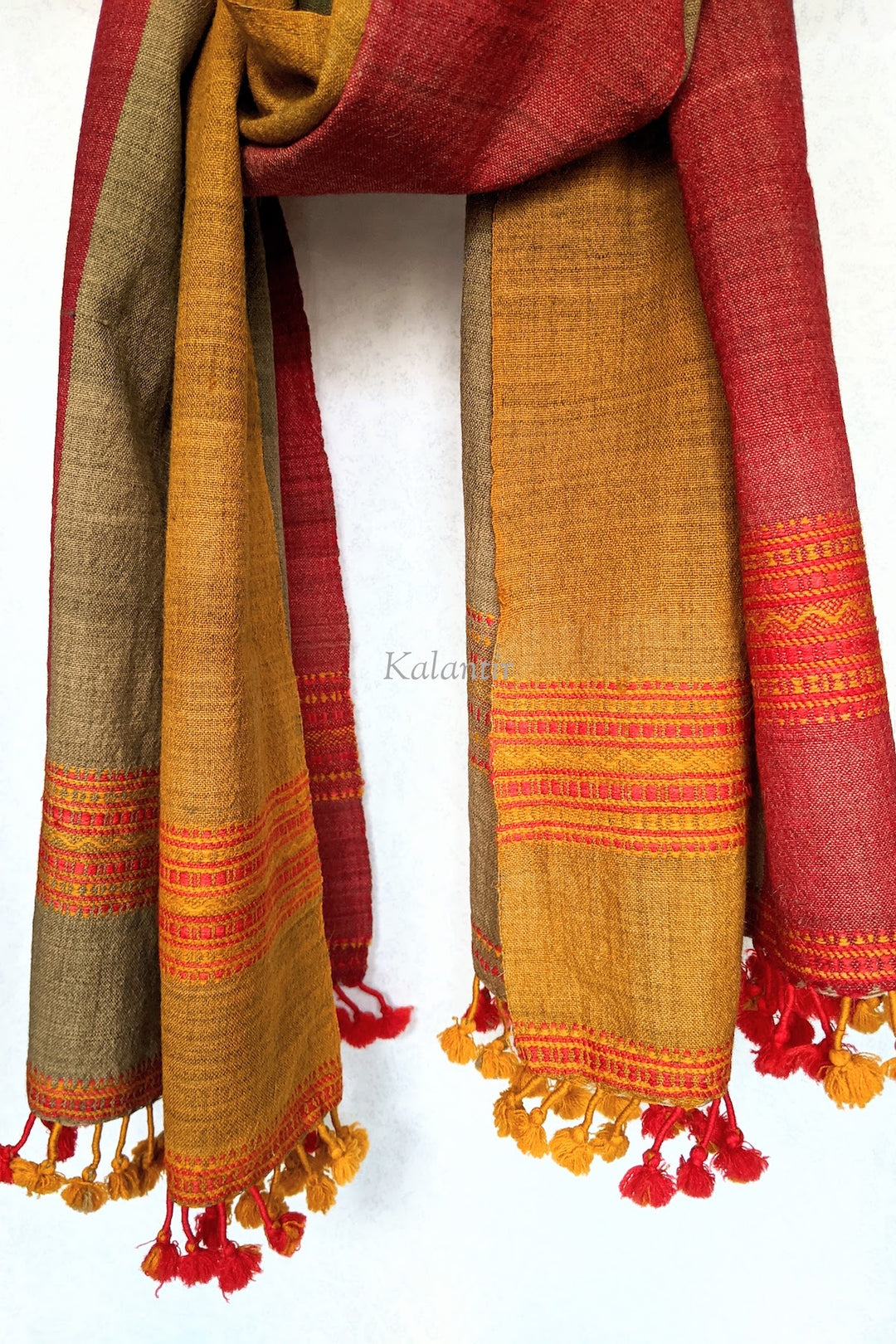Estola Kutchi Auténtica Pura Lana Multicolor | rojo, amarillo y marrón claro | Con borlas preciosas