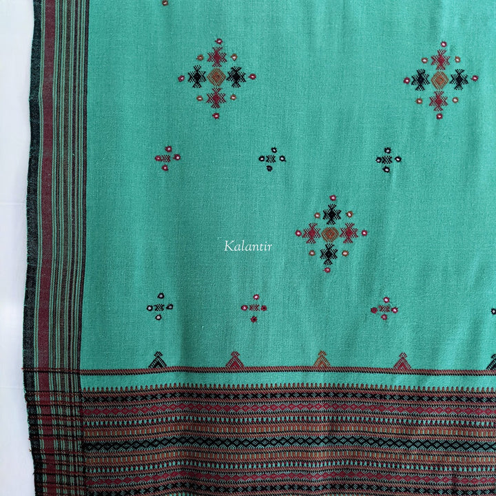 Dark Sea Green Colored Handmade Woollen Kutchi Shawl with Beautiful Embroidery